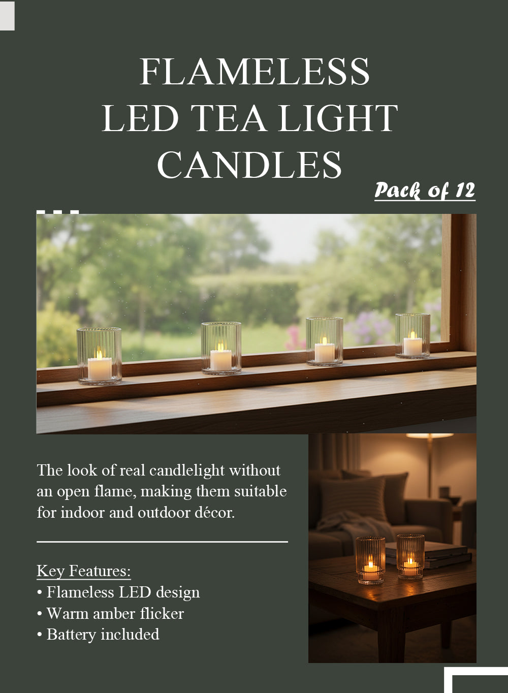 Flameless LED Tea Light Candles with Battery Included, 1.5" Diameter & 1.25" Tall, Pack of 12