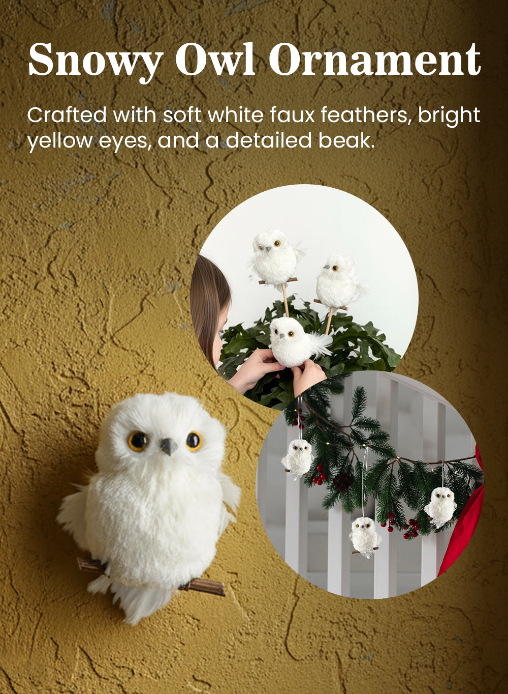 Snowy Owl Ornament, 4" Wide & 3" Tall, Pack of 12