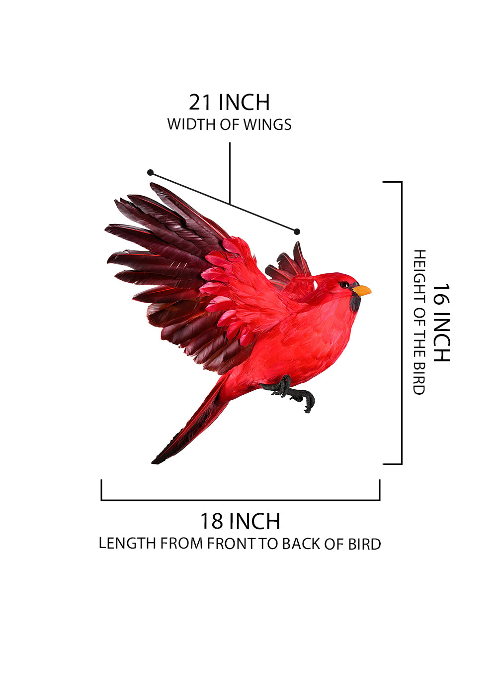Flying Red Cardinal Ornament, 16" Tall, 21" Wide & 18" Long