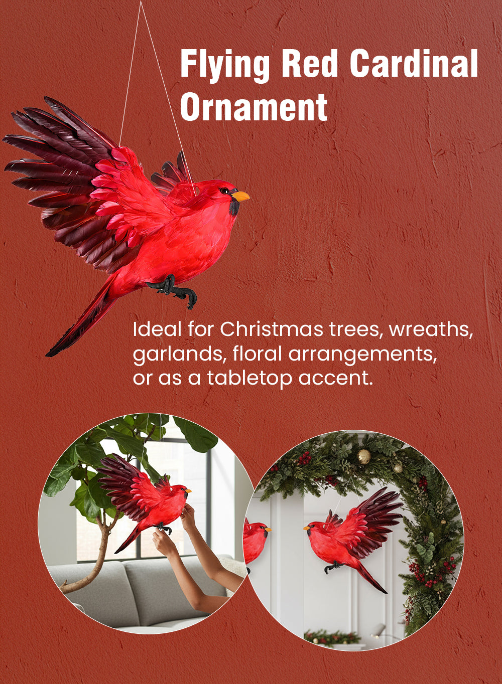 Flying Red Cardinal Ornament, 16" Tall, 21" Wide & 18" Long