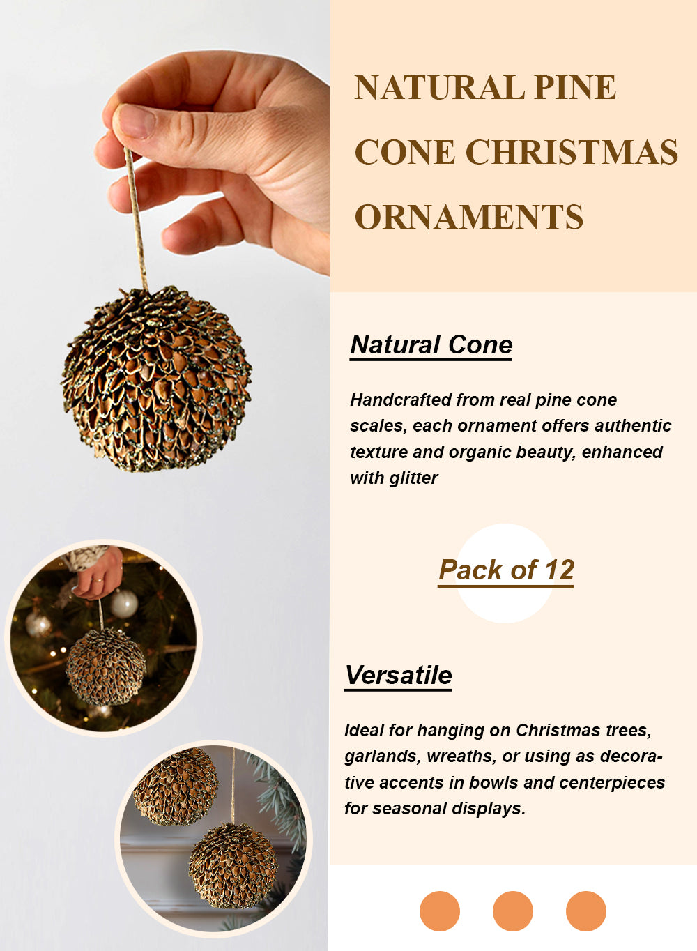 Natural Pine Cone Christmas Ornaments, 4.5" Diameter, Pack of 12