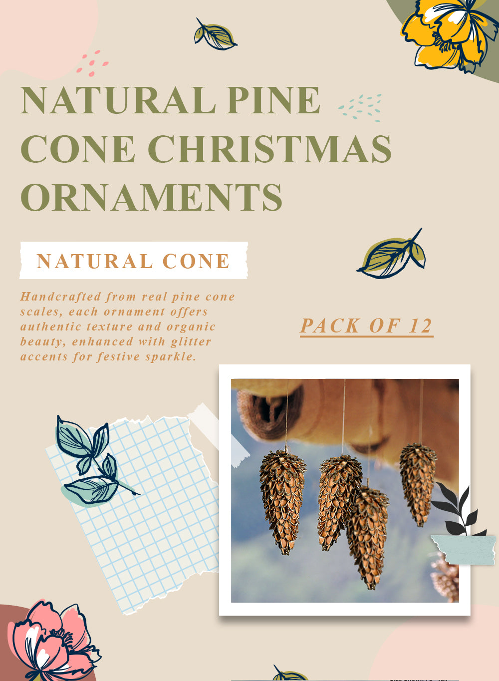 Natural Pine Cone Christmas Ornaments, 2.5" Diameter & 5.5" Tall, Pack of 12