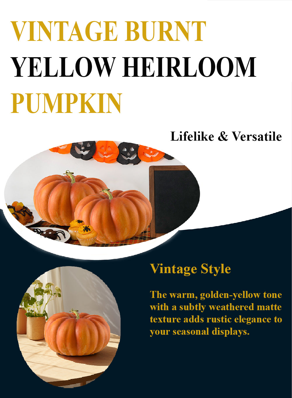 Vintage Burnt Yellow Heirloom Pumpkin, 9.8" Diameter & 6" Tall