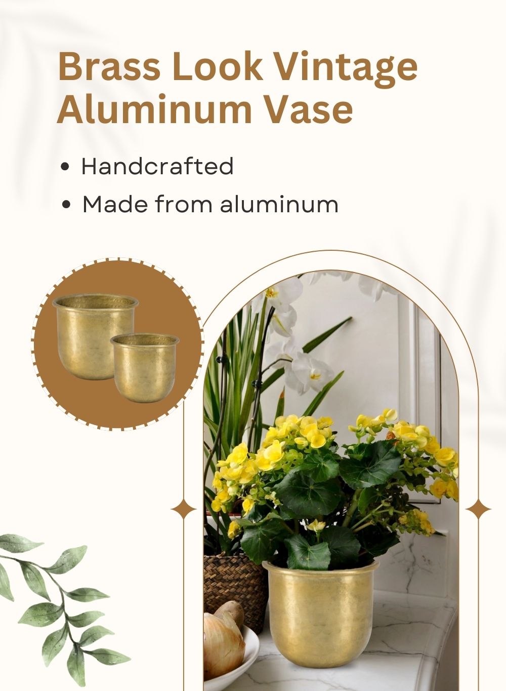Antiqued Brass Vase-Simple Design with Curved Base Accent Piece,2 Sizes