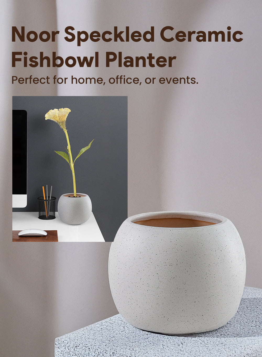 Noor Speckled Ceramic Fishbowl Planter, 4.8" Diameter & 4" Tall
