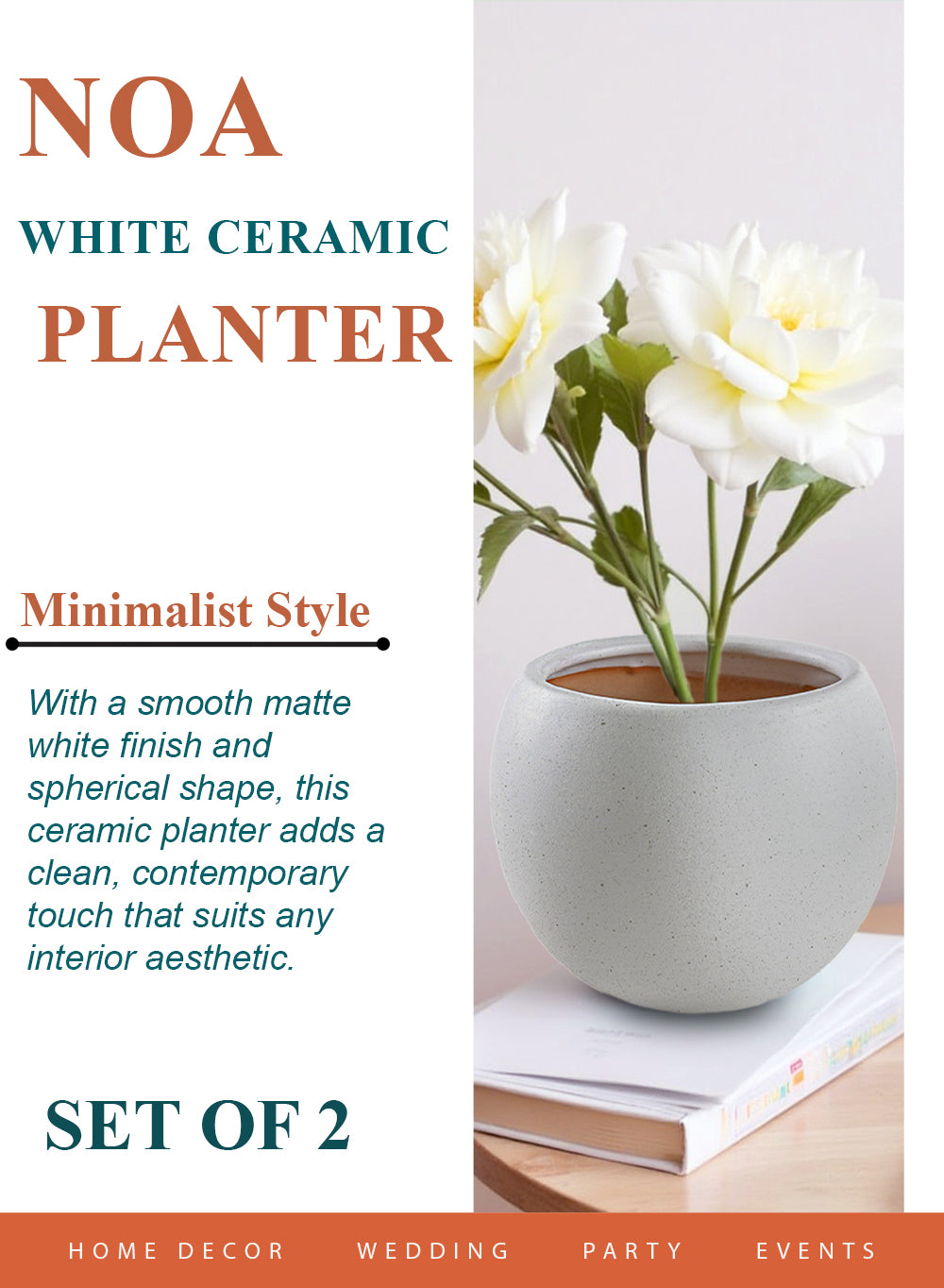 Noa White Ceramic Planter, 6.2" Diameter & 5" Tall