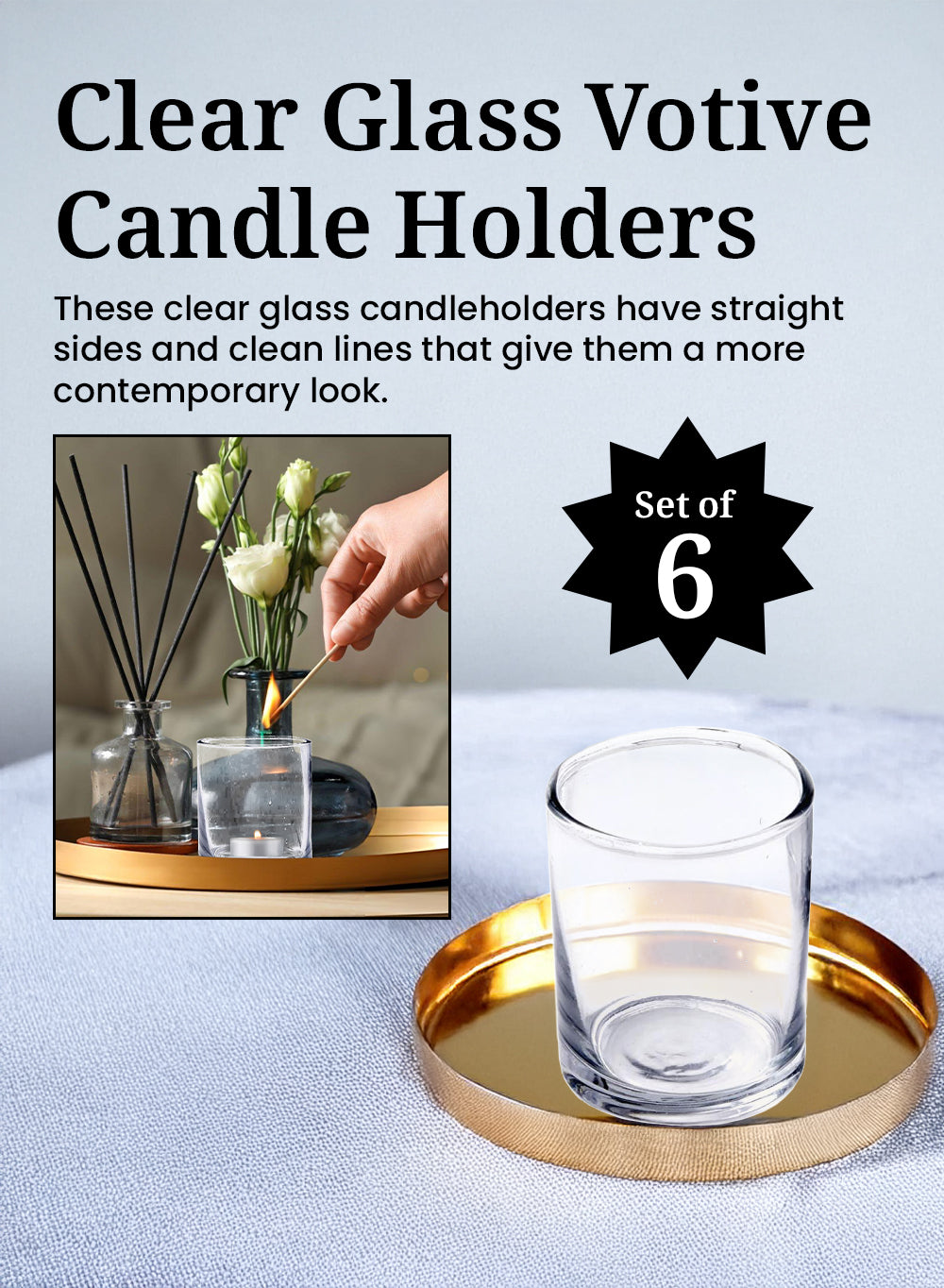 Serene Spaces Living Clear Glass Votive Candle Holders, 3" Tall and 2.5" Diameter