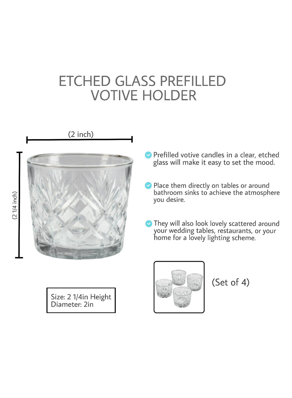 Diamond Cut Glass Votive Holder, 2.5" Tall & 3" Diameter, Pack of 4