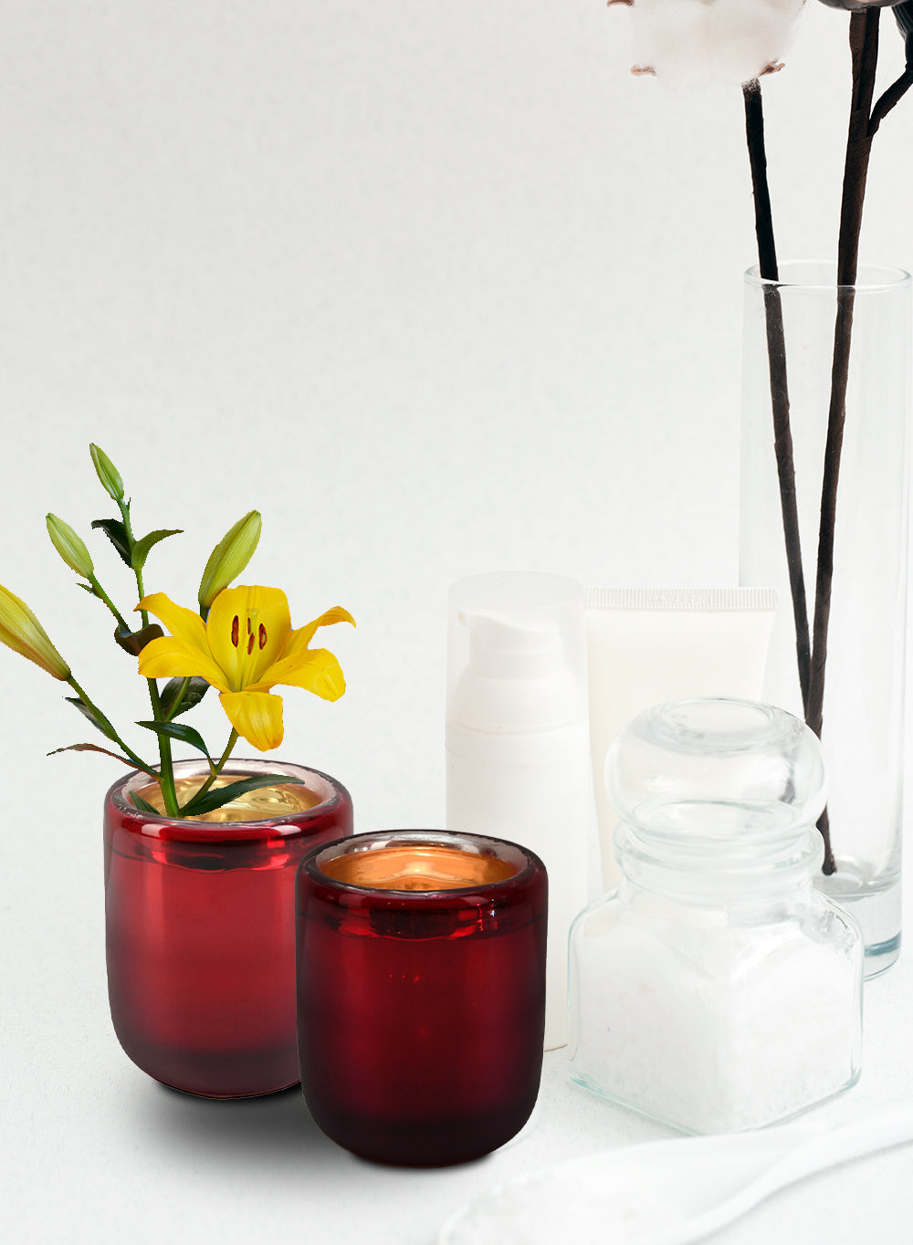 Bundle: Red Mercury Glass Candle Holders with White Votive Candles