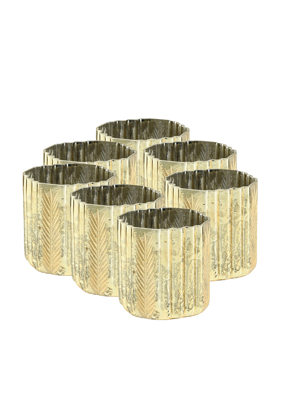 Gold Fern Scalloped Mercury Glass Candle Holder, 4" Diameter & 4" Tall
