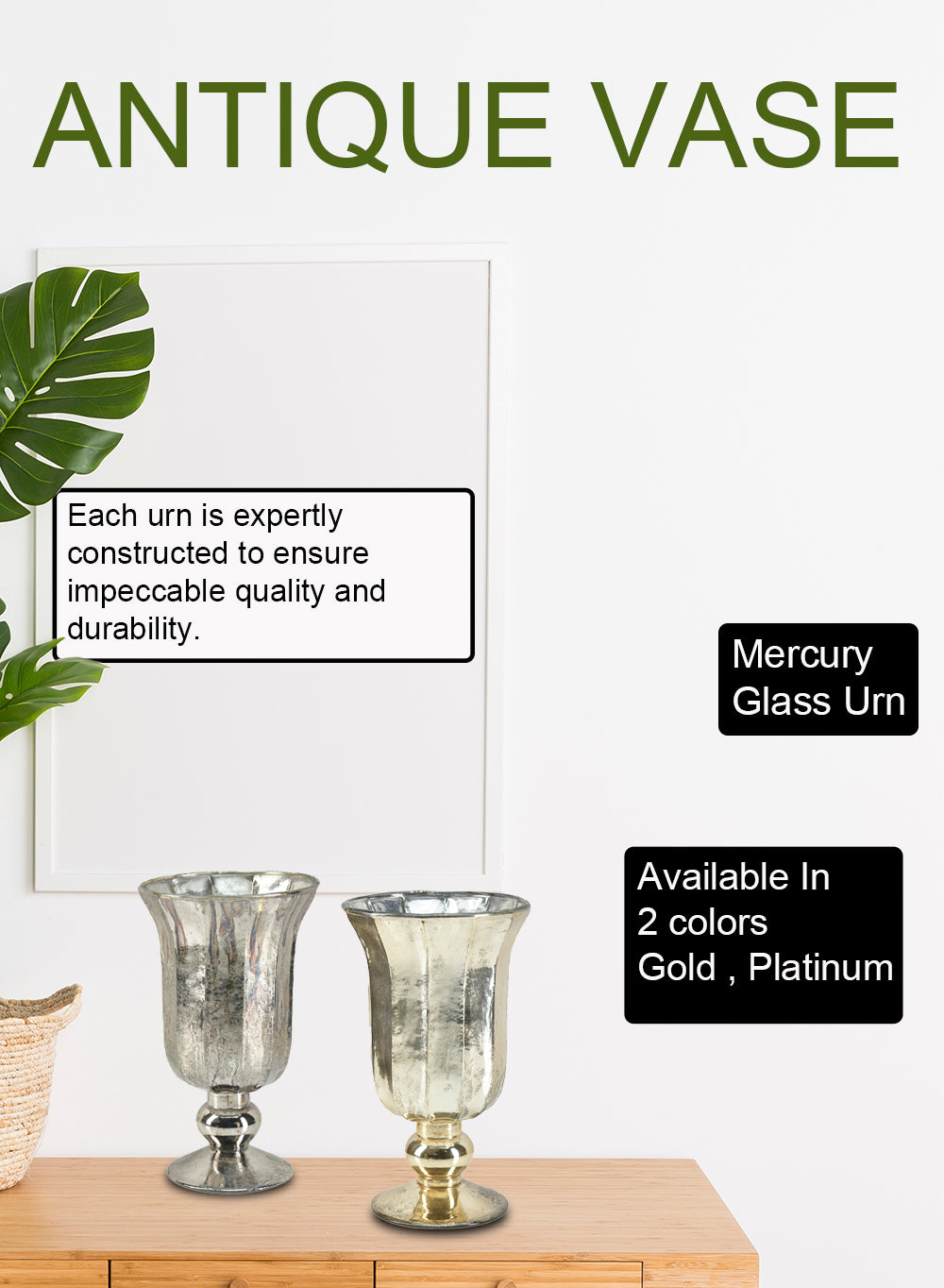 Serene Spaces Living Antique Vase for Flowers, Urn for Centerpieces, Weddings, Events