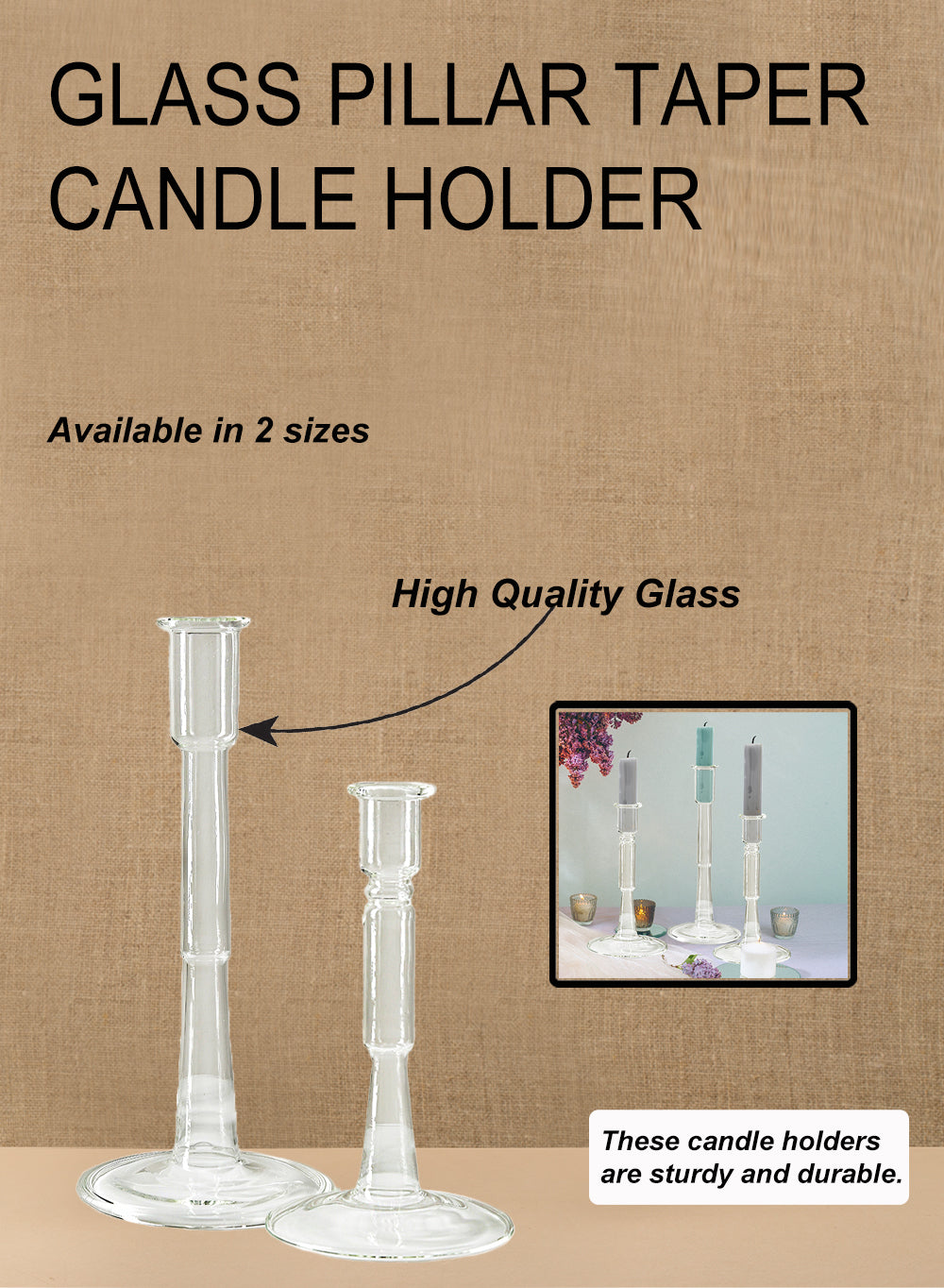 Glass Pillar Taper Candle Holder, In 2 Sizes