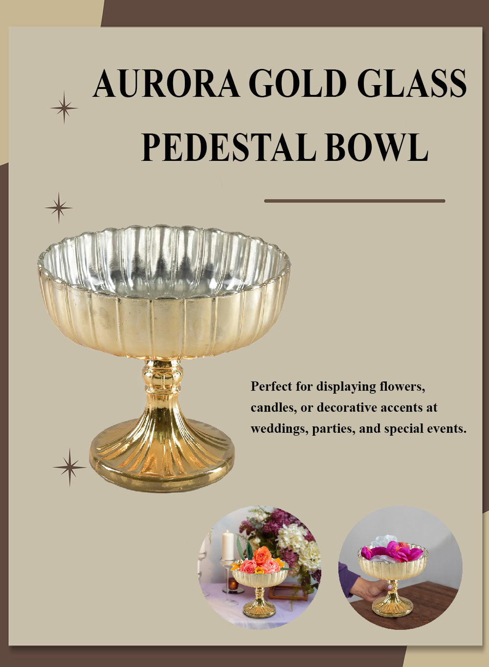 Aurora Gold Glass Pedestal Bowl, 8" Diameter & 7" Tall