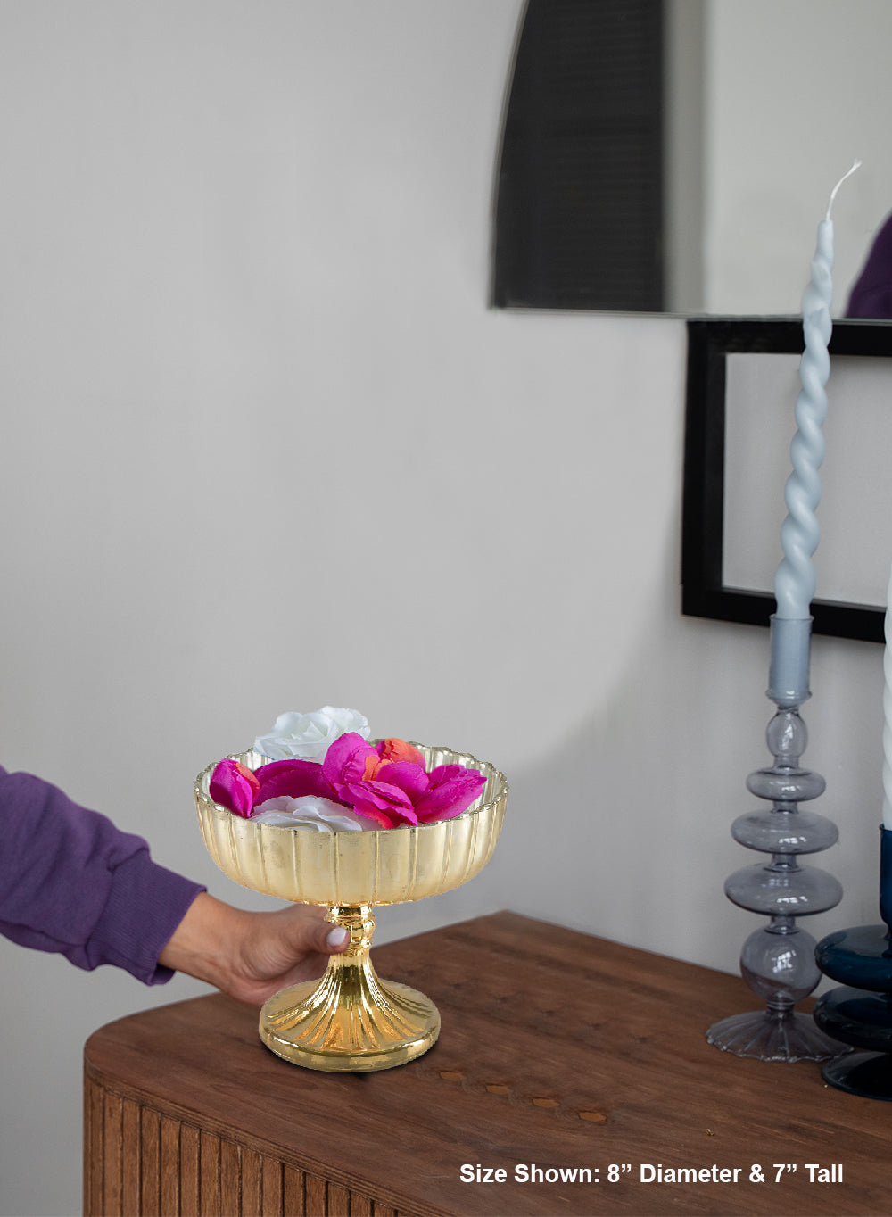 Aurora Gold Glass Pedestal Bowl, 8" Diameter & 7" Tall