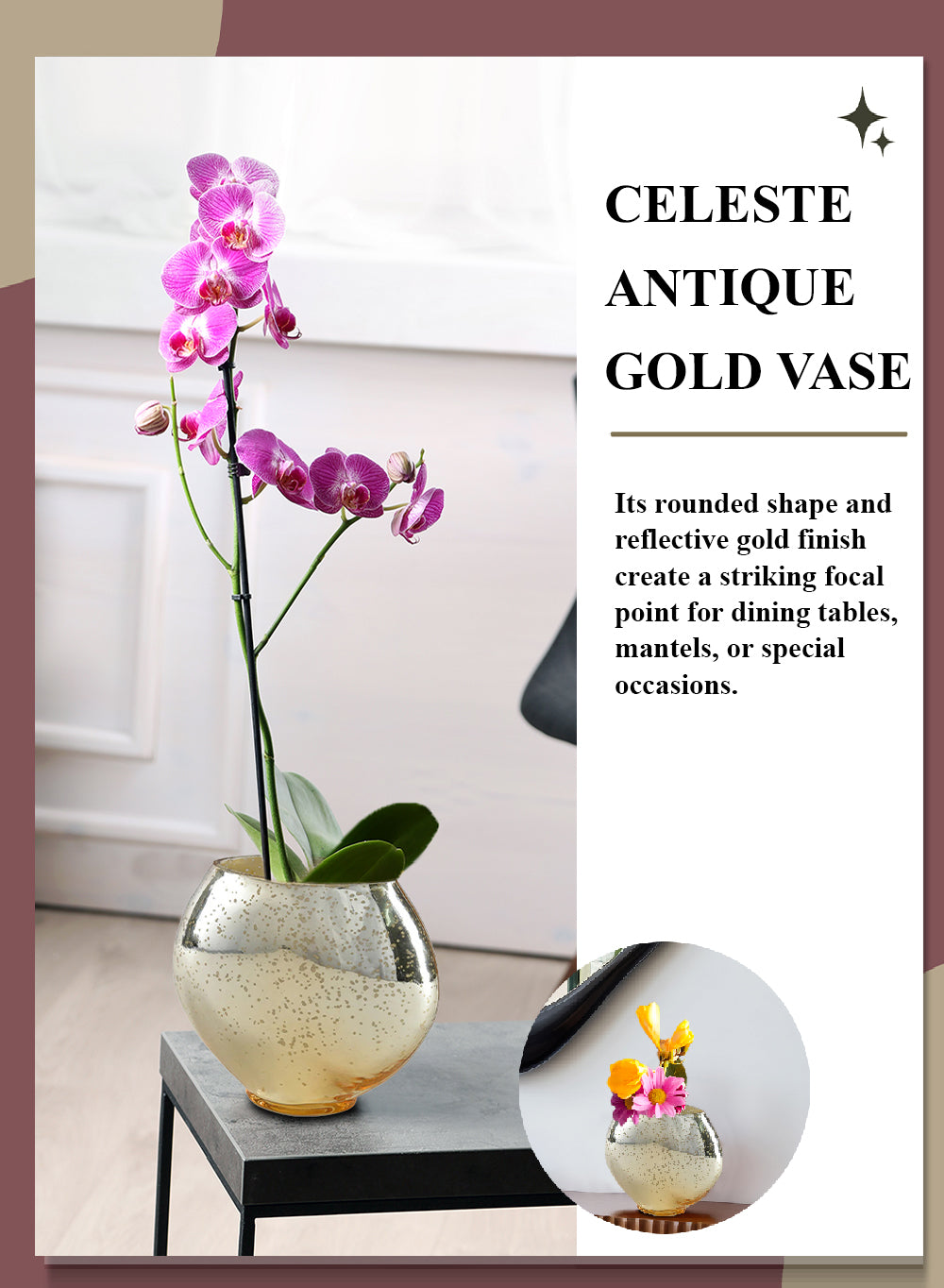 Celeste Antique Gold Vase, 6.5" Diameter & 5.5" Tall