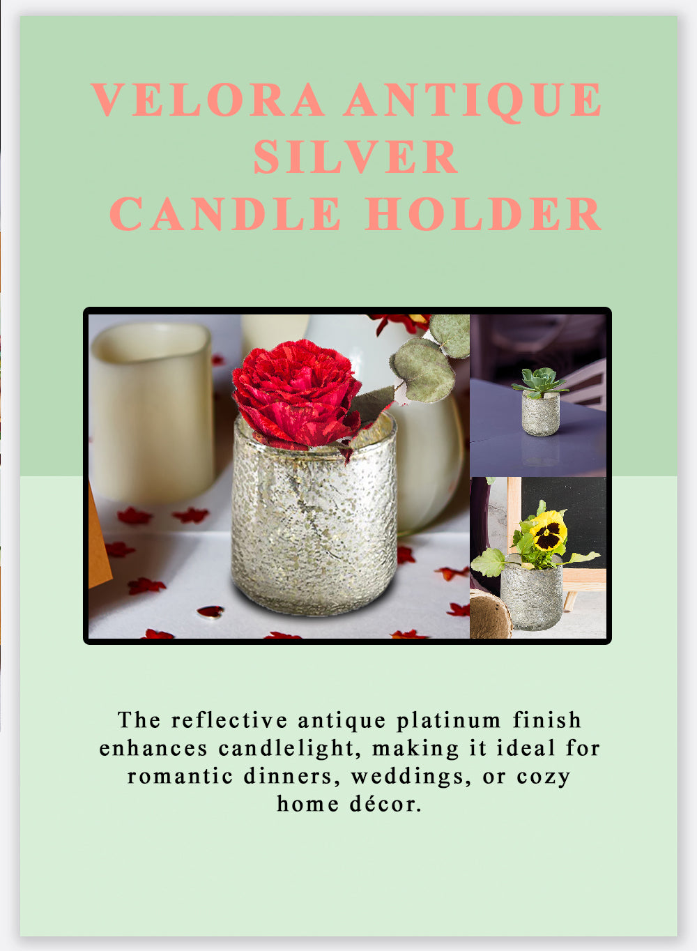 Velora Antique Silver Candle Holder, 3" Diameter & 3.5" Tall