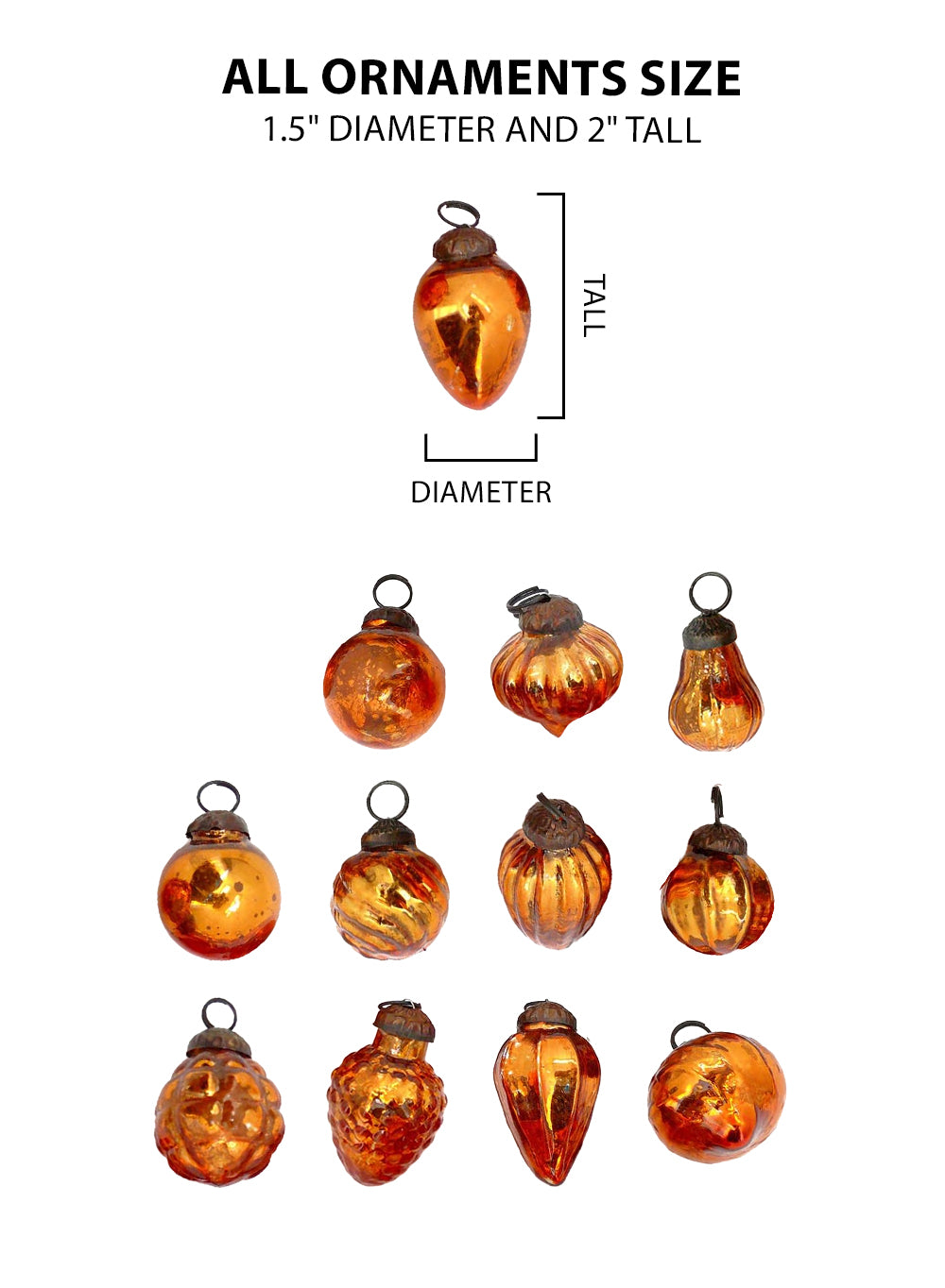 Mini Mercury Glass Ornaments Collection, 1-1.5" Wide x 2" Tall
