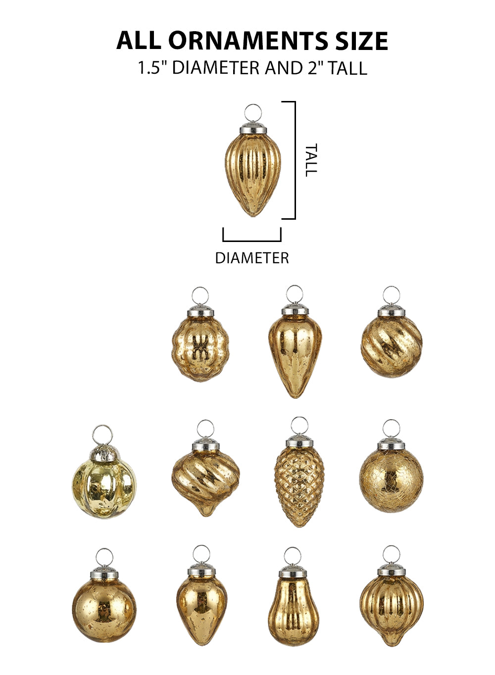 Mini Mercury Glass Ornaments Collection, 1-1.5" Wide x 2" Tall