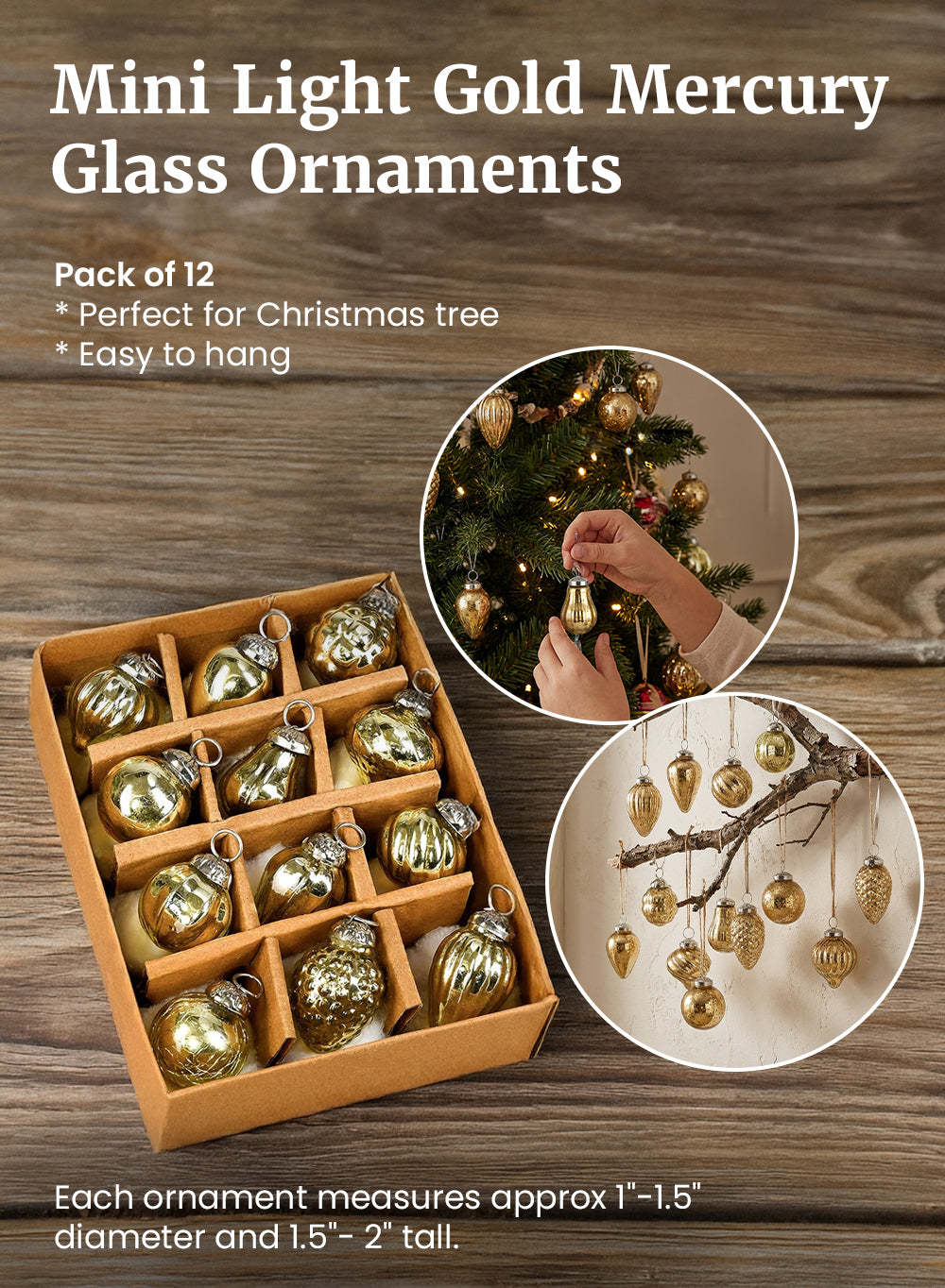 Mini Mercury Glass Ornaments Collection, 1-1.5" Wide x 2" Tall