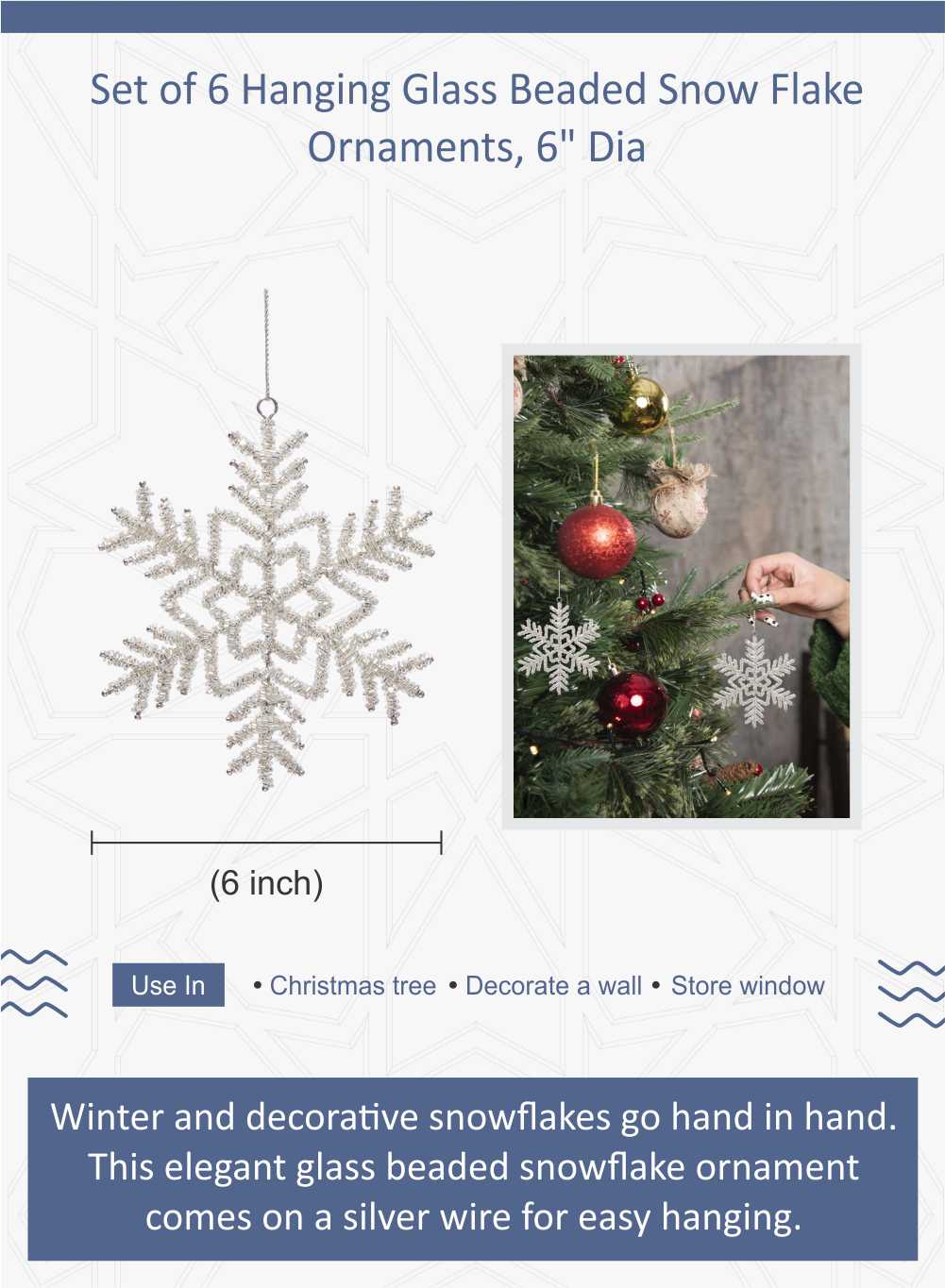 Glitter Snowflake Ornaments, Available in 2 Colors, Pack of 6