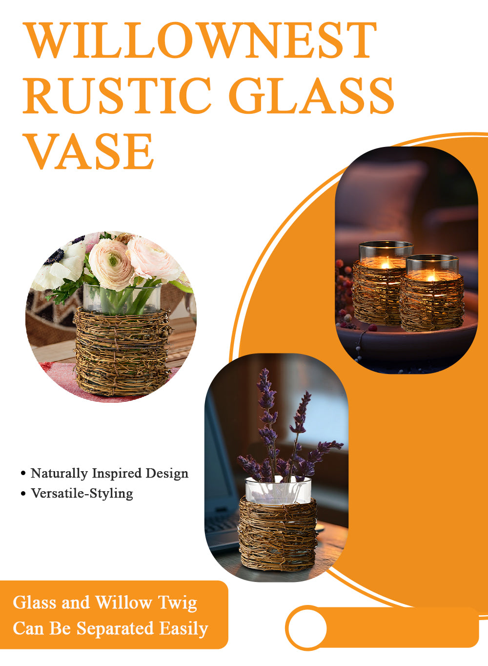 WillowNest Rustic Glass Vase, 4.5" Diameter & 5.2" Tall