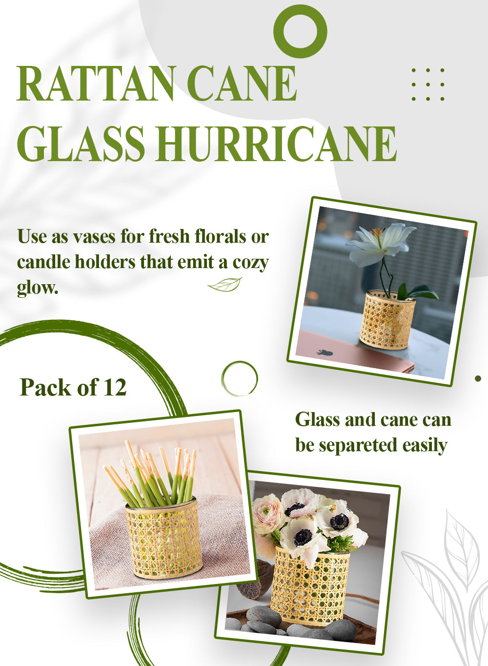 Rattan Cane Wrapped Glass Hurricane, in 6 Sizes