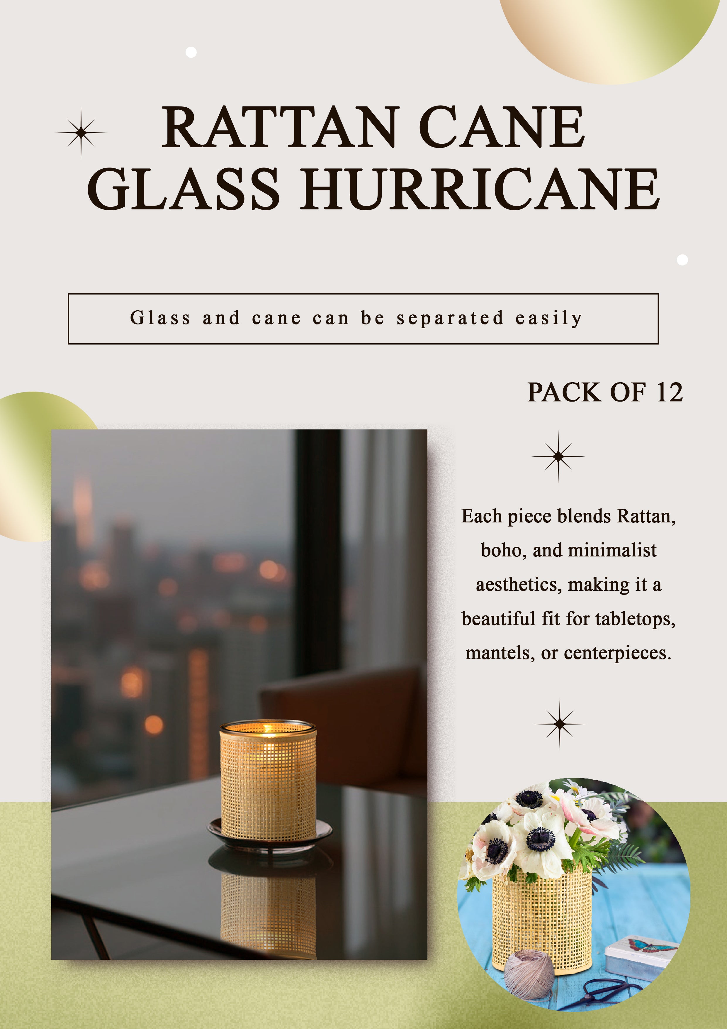Rattan Cane Wrapped Glass Hurricane, in 6 Sizes