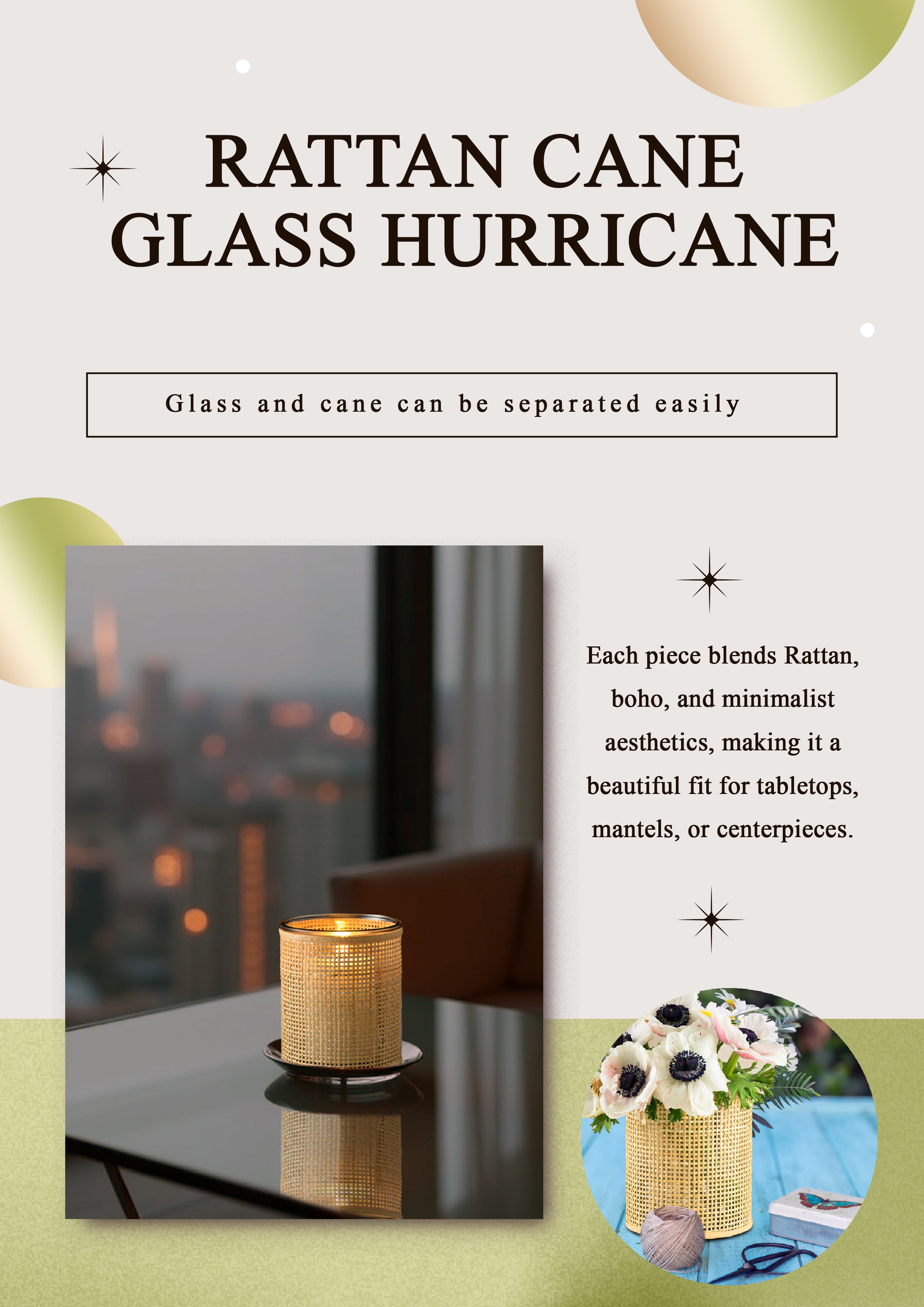 Rattan Cane Wrapped Glass Hurricane, in 6 Sizes