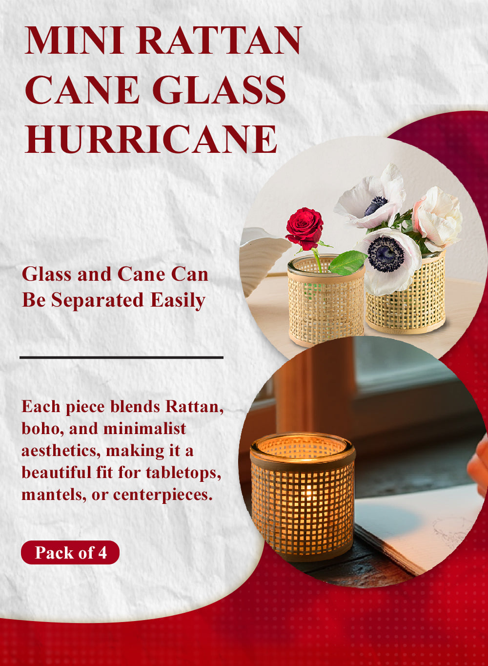 Rattan Cane Wrapped Glass Hurricane, in 6 Sizes