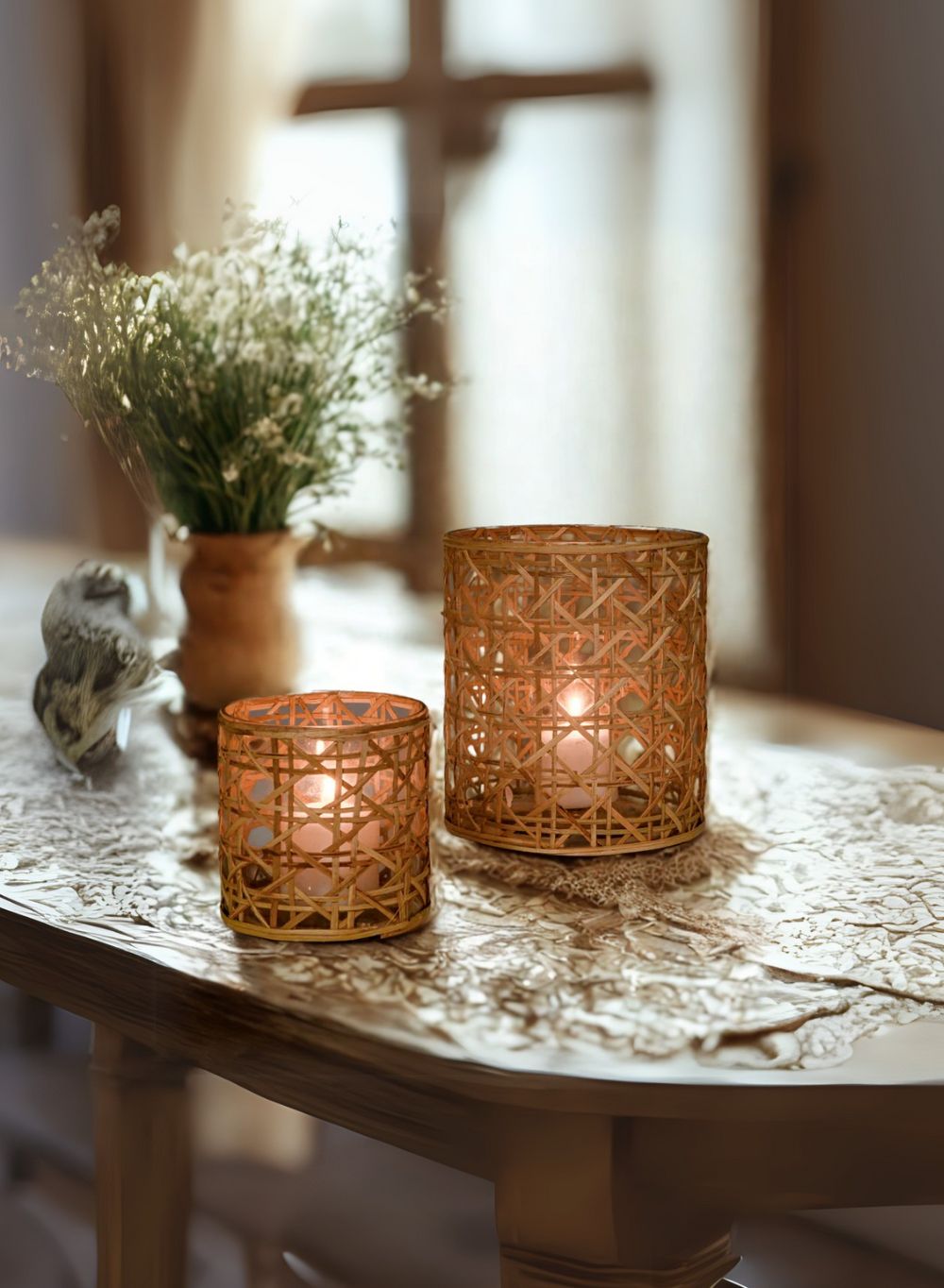 Bundle: Saigon Cane Wrapped Glass Candle Holders – Set of 2
