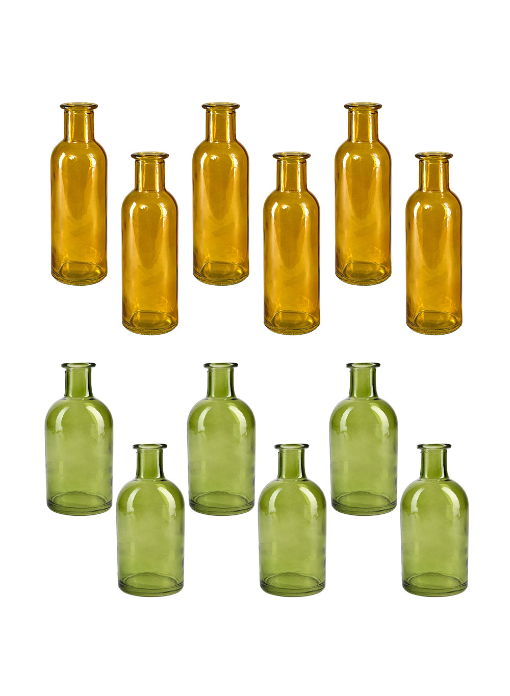 Bundle: Set of 12 Amber and Green Glass Bud Vases
