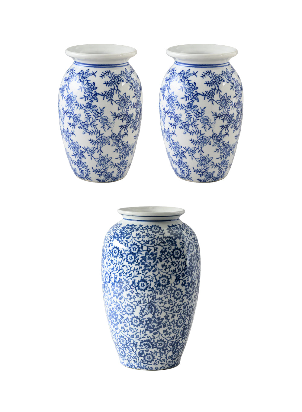 Bundle: Ming Blossom Blue/White Ceramic Vase, Bundle of 3 (2 Medium & 1 Large)