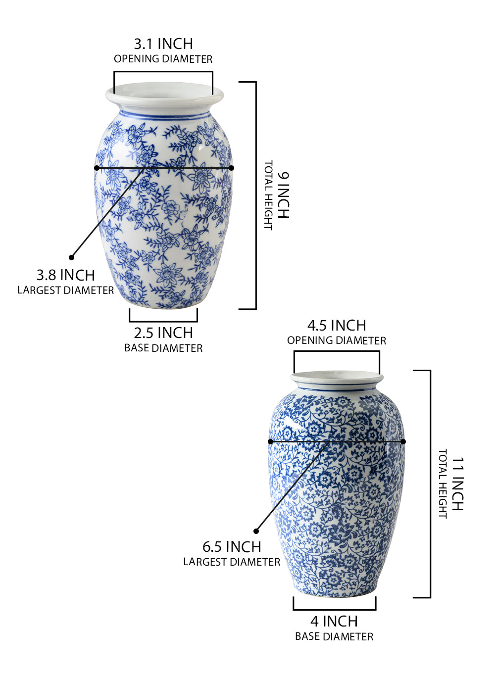 Bundle: Ming Blossom Blue/White Ceramic Vase, Bundle of 3 (2 Medium & 1 Large)