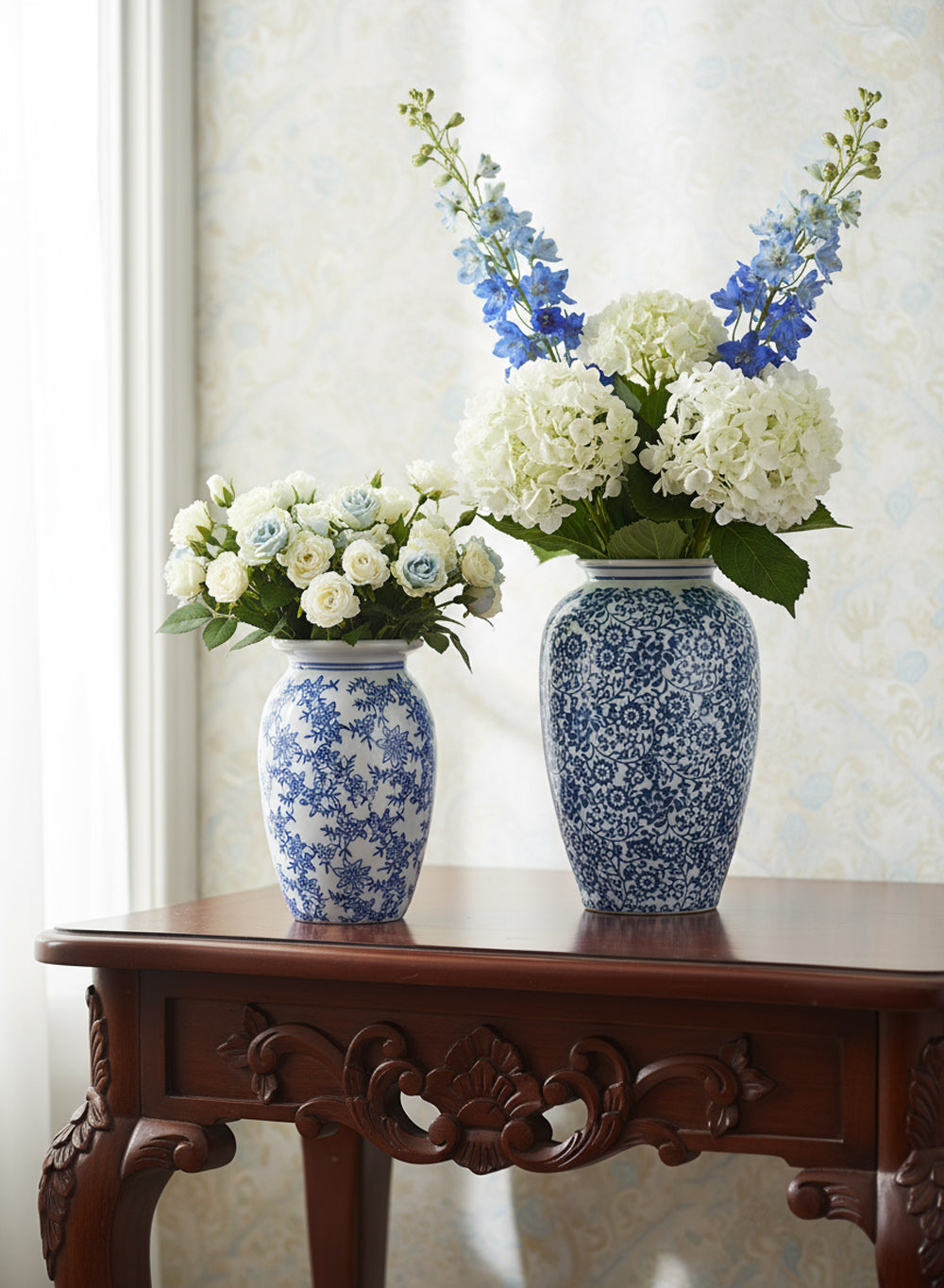 Bundle: Ming Blossom Blue/White Ceramic Vase, Bundle of 3 (2 Medium & 1 Large)