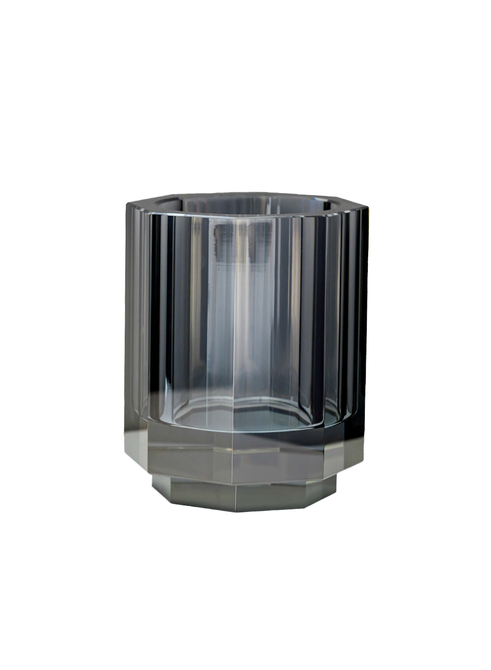Faceted Gray Glass Candle Holder, 4.1" Diameter & 5.1" Tall
