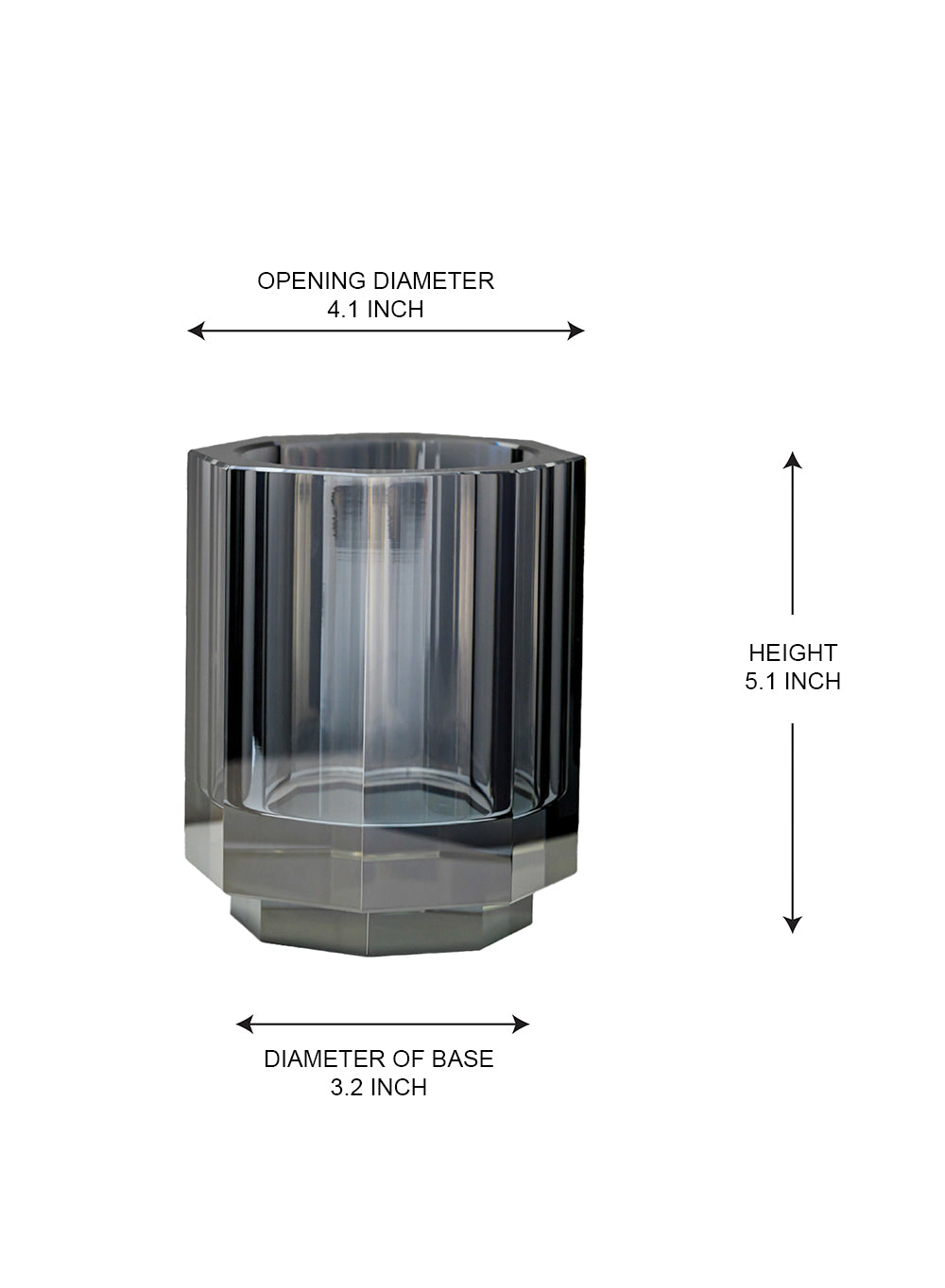 Faceted Gray Glass Candle Holder, 4.1" Diameter & 5.1" Tall