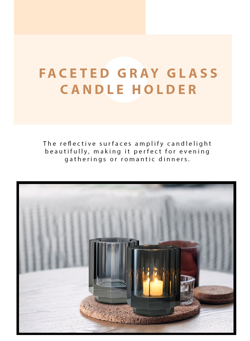 Faceted Gray Glass Candle Holder, 4.1" Diameter & 5.1" Tall