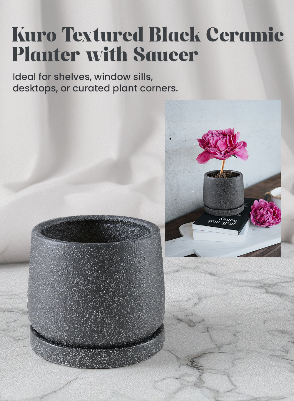 Kuro Textured Black Ceramic Planter with Saucer, 3.2" Diameter & 4.2" Tall