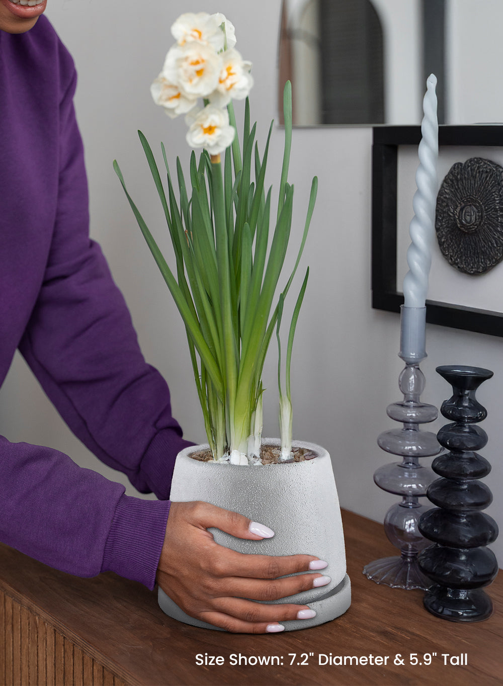 Solvia Sand Gray Ceramic Planter with Saucer, 7.2" Diameter & 5.9" Tall