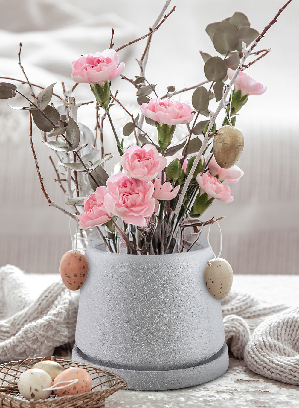 Solvia Sand Gray Ceramic Planter with Saucer, 7.2" Diameter & 5.9" Tall