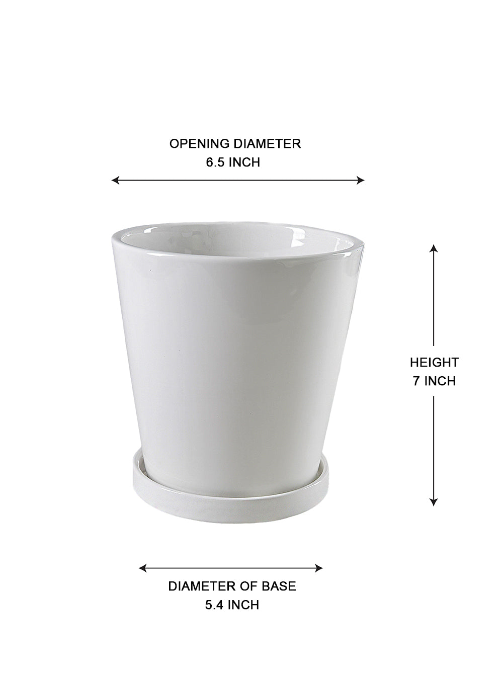 Arca White Ceramic Tapered Planter, 6.5" Diameter & 7" Tall