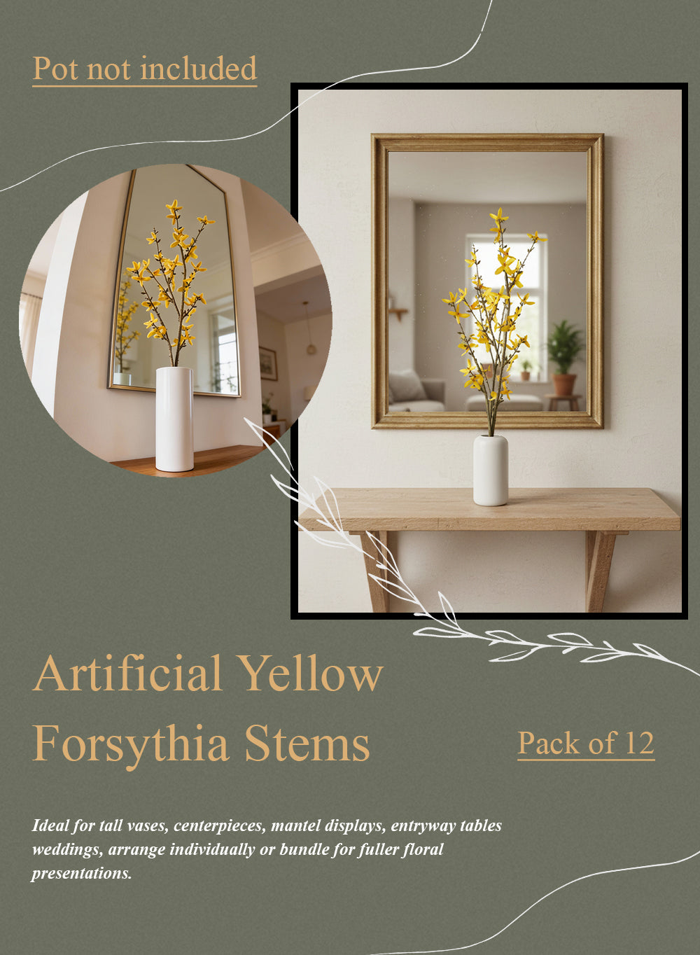 Artificial Yellow Forsythia Stems, 28" Tall, Pack of 12