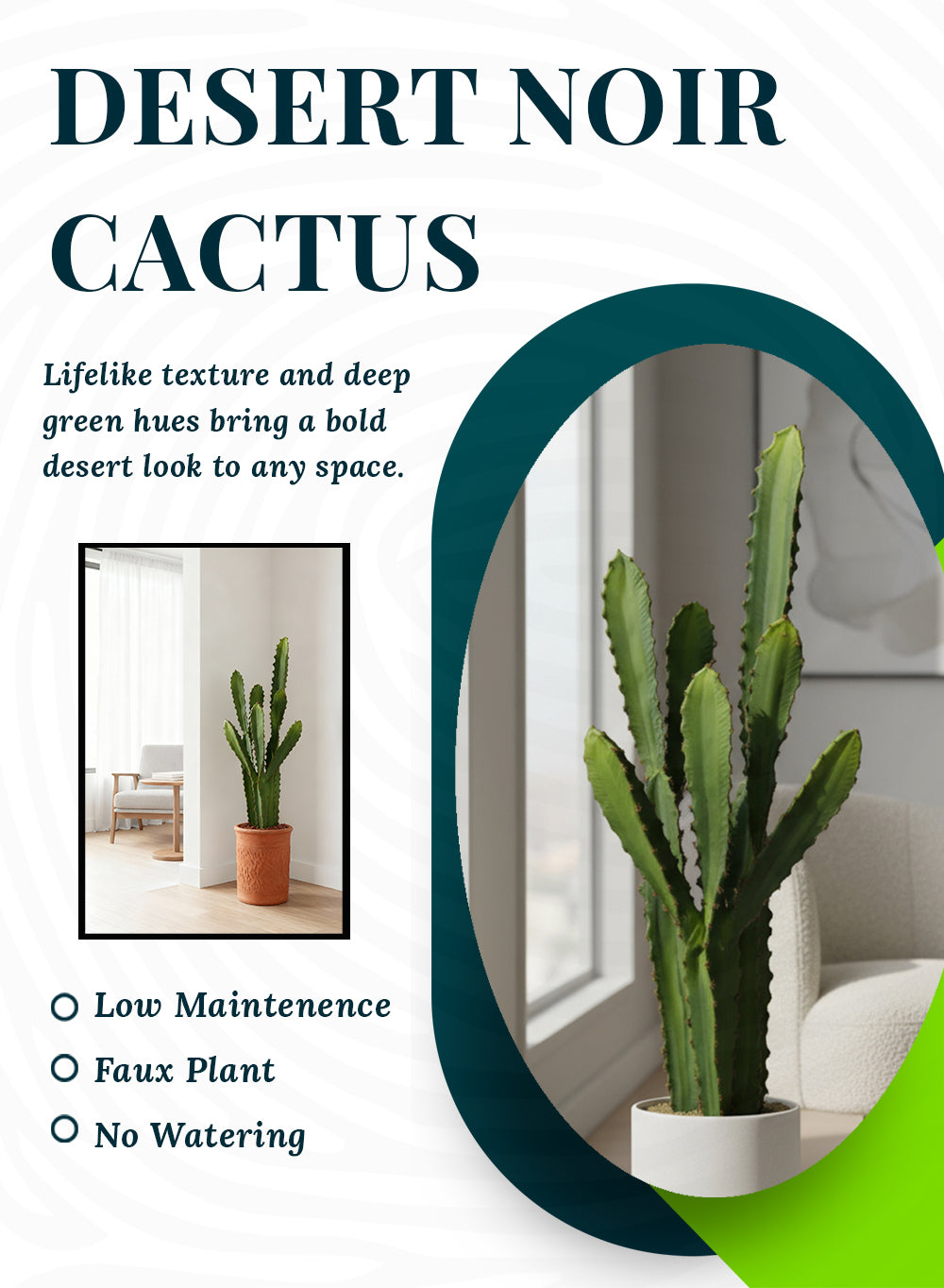 Desert Noir Faux Cactus in Black Pot, 6" Diameter & 27" Tall