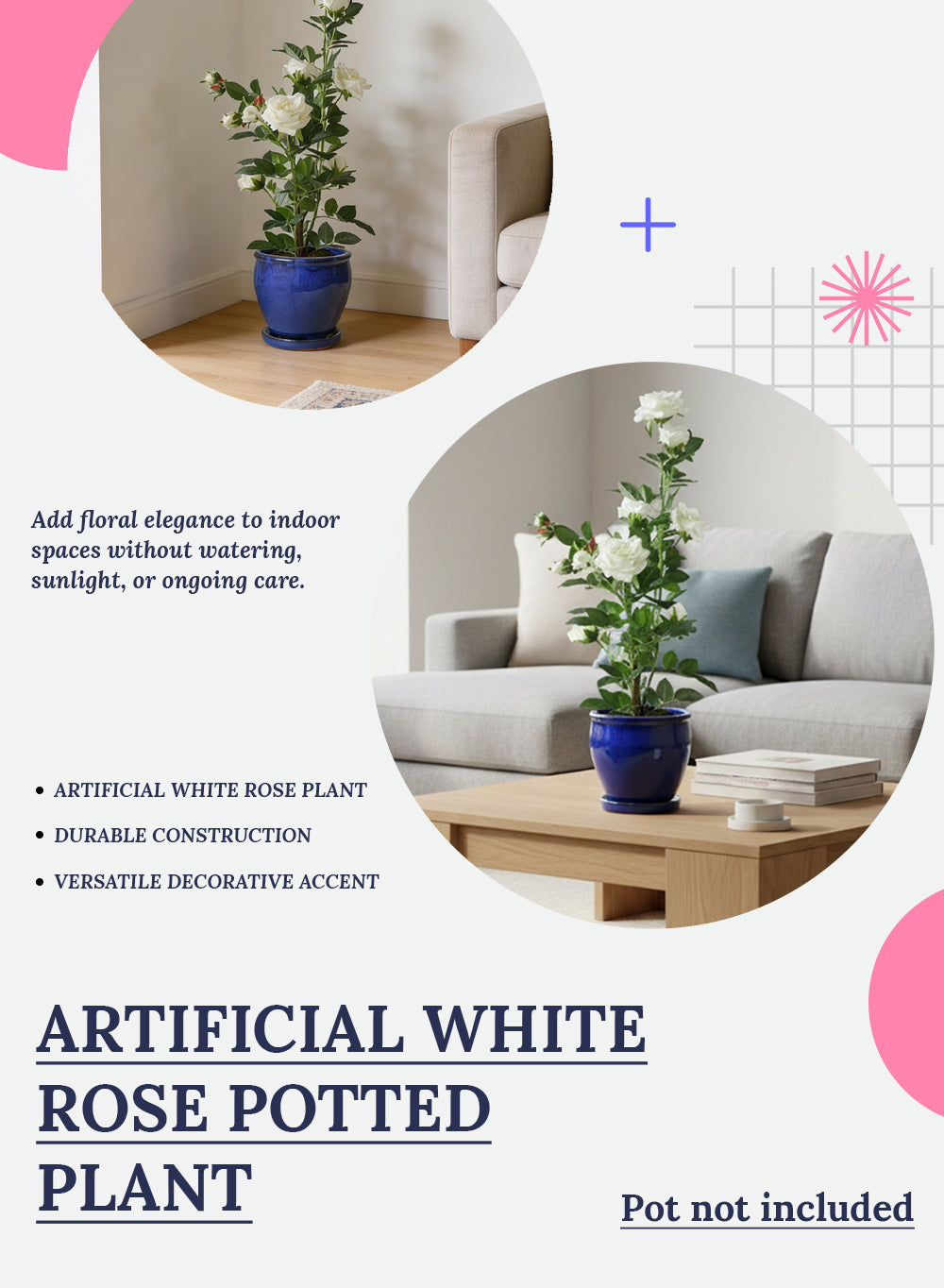 Artificial White Rose Potted Plant, 6" Diameter & 30" Tall