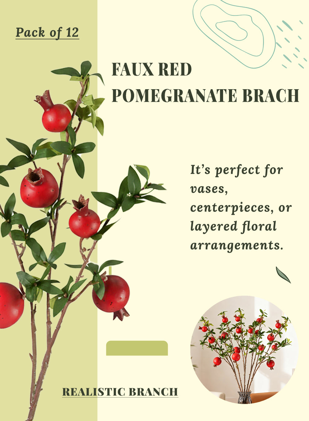 Faux Pomegranate Branch, in 2 Colors, Pack of 12