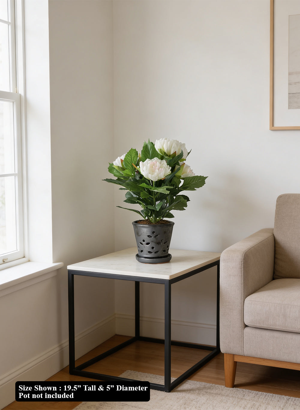 Artificial White Peony Potted Plant, 5" Diameter & 19.5" Tall