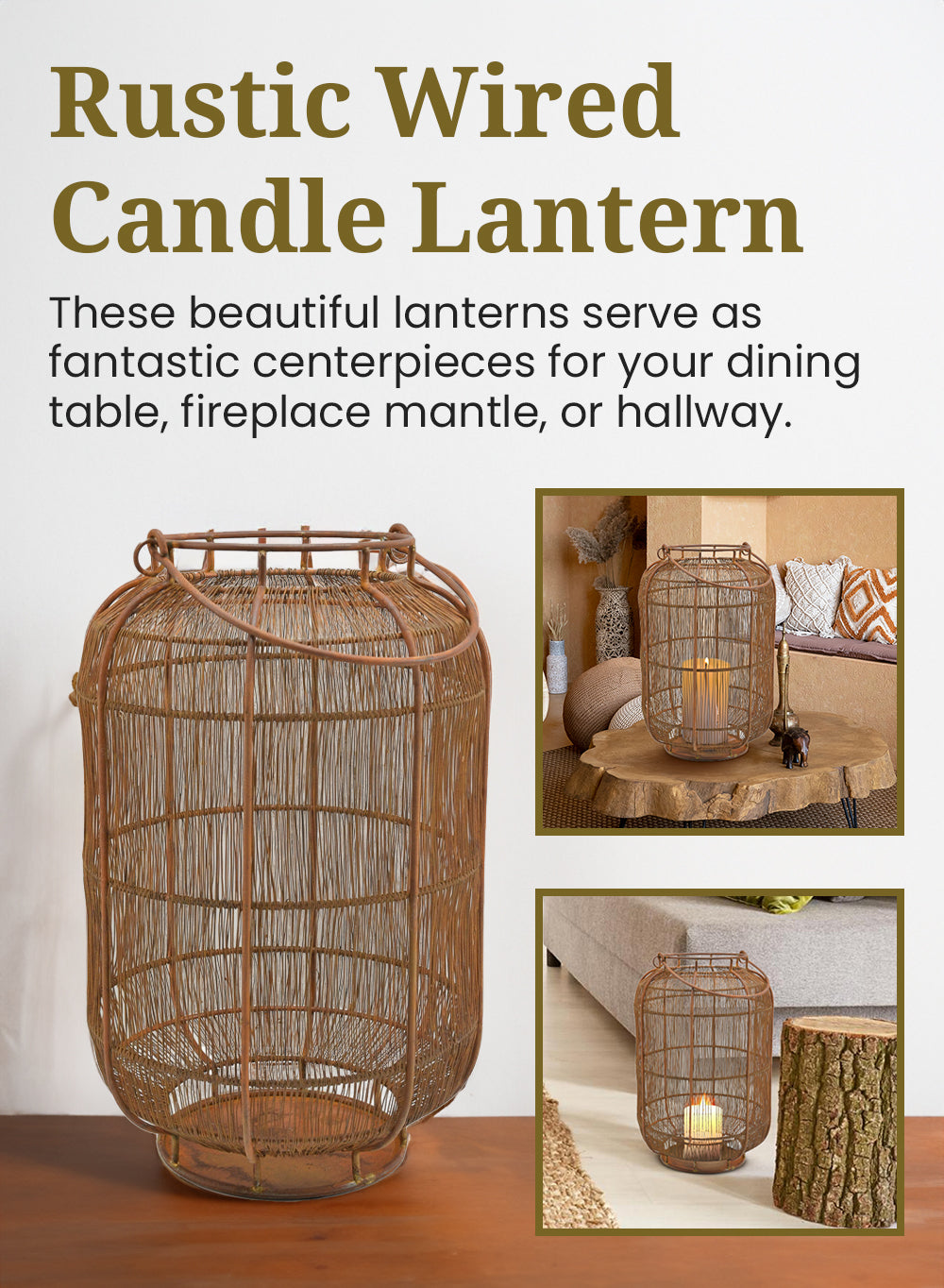 Rustic Wired Candle Lantern - Cylindrical Lantern, In 2 Sizes