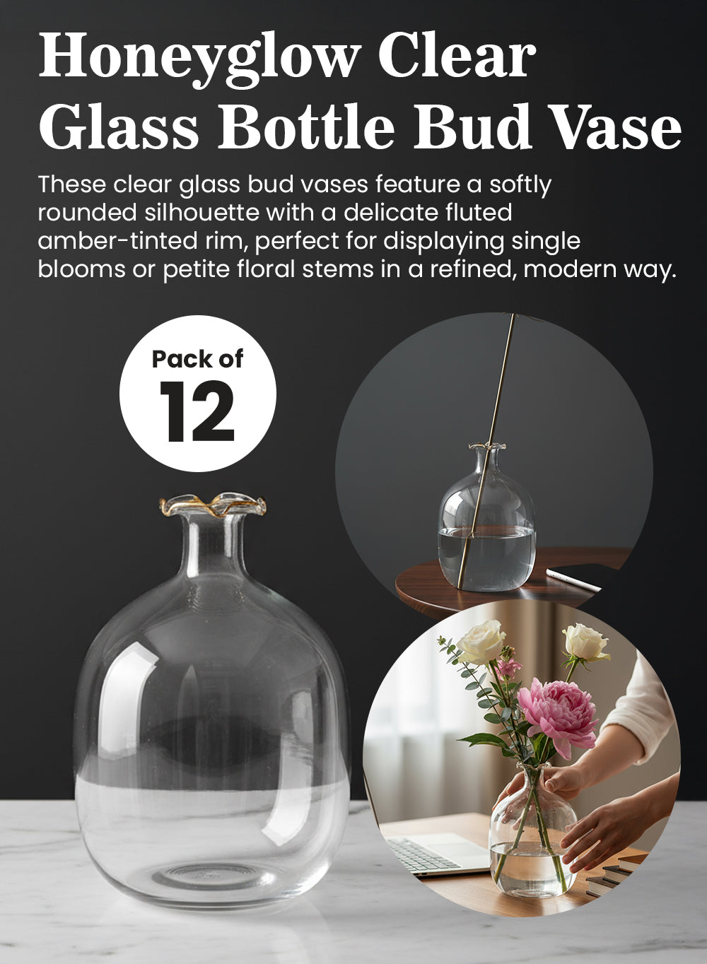 Honeyglow Clear Glass Bottle Bud Vase, 4" Diameter & 6" Tall, Pack of 12