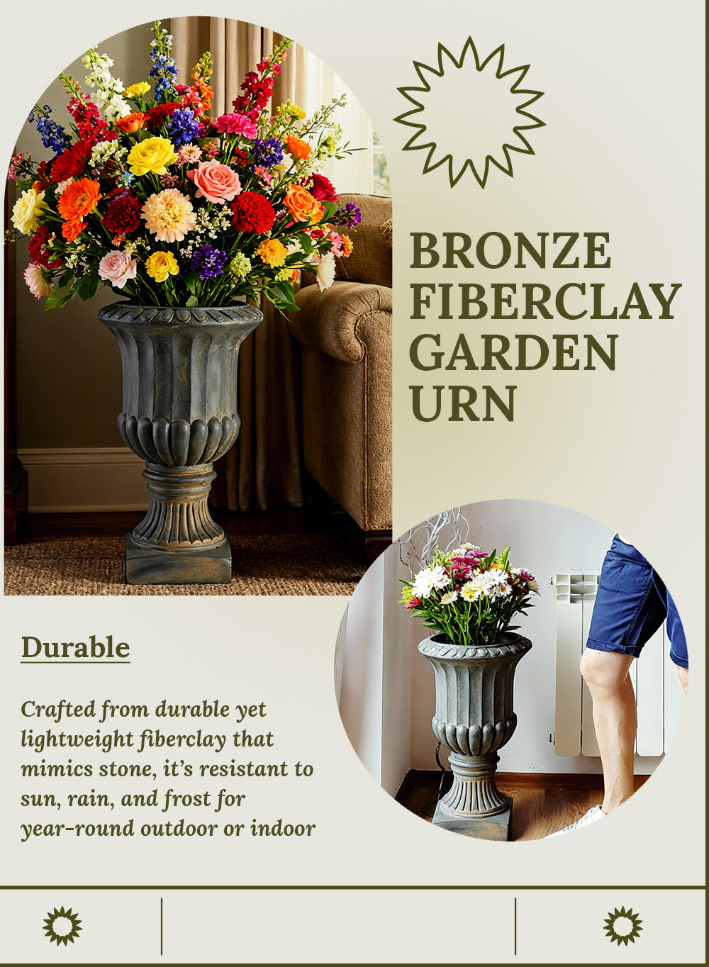 Bronze Fiberclay Garden Urn, 11" Diameter & 17" Tall
