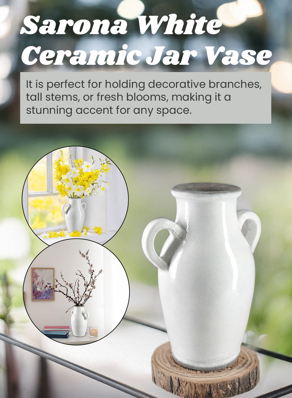 Sarona White Ceramic Jar Vase, 9.5" Diameter & 18.5" Tall